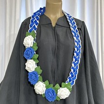 Graduation Lei Flower Blue &amp; White Roses Flowers Leaves Four Braided Ribbons - £39.74 GBP
