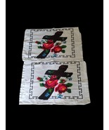 LOT of 2 Hand Embroidered Pillowcase Cross w Red Roses Floral Vintage - $370.49 MXN