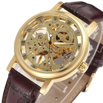 Men&#39;s Mechanical Skeleton Watch With Leather Brown Band- Gold Face - £15.87 GBP