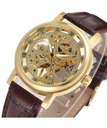 Men&#39;s Mechanical Skeleton Watch With Leather Brown Band- Gold Face - £15.65 GBP