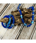 Blue Frosted Sea Glass Crystal Necklace 2 Bracelets Lamp Work Bead Silve... - £39.08 GBP