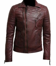 Mens Burgundy Color Biker Style Leather Jacket Real Lambskin Leather Hand Made - £116.57 GBP
