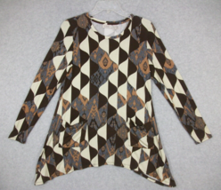 LOGO Lori Goldstein Womens Long Sleeve Tunic Top Brown Geometric Pockets A343816 - £18.82 GBP