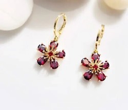 3Ct Lab-Created Red Garnet Pear Cut Flower Dangle Earring 14K Yellow Gold Plated - £115.19 GBP