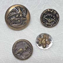 4 Antique Round Metal Picture Buttons Eagle and Birds  Gold &amp; Silver Tone - $12.38