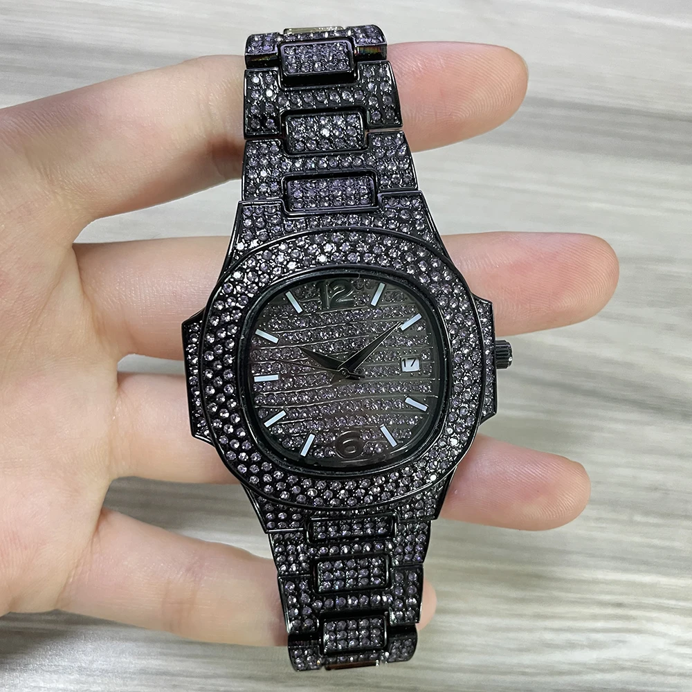 New Hip Hop Watch For Men Automatic Date Pink Iced Diamond Clock Fashion... - £55.03 GBP
