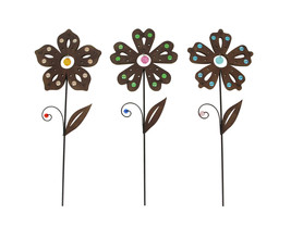 Set of 3 Rustic Brown Metal Flower Garden Stakes With Colorful Jewel Accents - £31.30 GBP