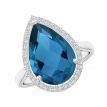 15x10MM Pear-Shaped London Blue Topaz Cocktail Ring with Diamond Halo 14k Gold - £1,349.36 GBP