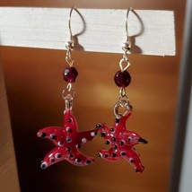 Handmade Glass Starfish Earrings Artisan Glass Red Clear Pierced Ears Dangle - £11.75 GBP