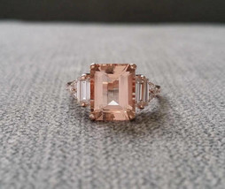 3ct Simulated Emerald Cut Morganite Diamond Engagement Ring 14k Rose Gold Pla... - £43.66 GBP