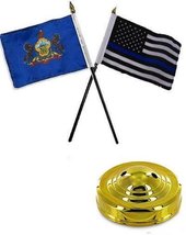 AES Pennsylvania State &amp; USA Police Blue 4&quot;x6&quot; Flag Desk Set Table Stick Gold Ba - £2.90 GBP