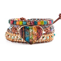 Spiritual Vintage Leather Wrap Bracelets Heart Shape Apatite Stone 5 Strands Bra - £25.42 GBP