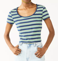 SO Junior&#39;s Cropped Baby Tee Short Sleeve Cotton Blend Size XL Navy Striped - £10.24 GBP