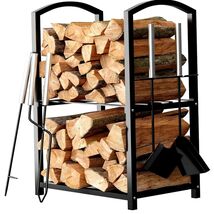 Stylish Black Steel 2-Tier Firewood Holder with Complete Fireplace Tool Set - $110.83