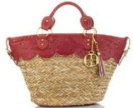 Iman Global Chic Luxury Resort Perforated Straw Handbag Tote》Red - $179.99