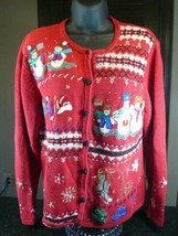 Designers Originals Studio Joy Red Ugly Christmas Cardigan Sweater, M Snowman - £16.61 GBP