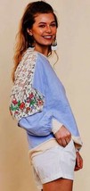 NWT UMGEE S M Sky Blue Knit Sheer Lace Floral Embroidered Sleeve Pullove... - £15.51 GBP