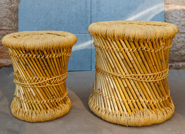 Set of 2 Rustic Western Hand Woven Bamboo Fibers and Natural Ropes Side Tables - £108.23 GBP