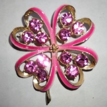 Enamel Flower Four Leaf Clover Brooch Pin Pink Rhinestone Gold Tone 2 Inches - $13.30