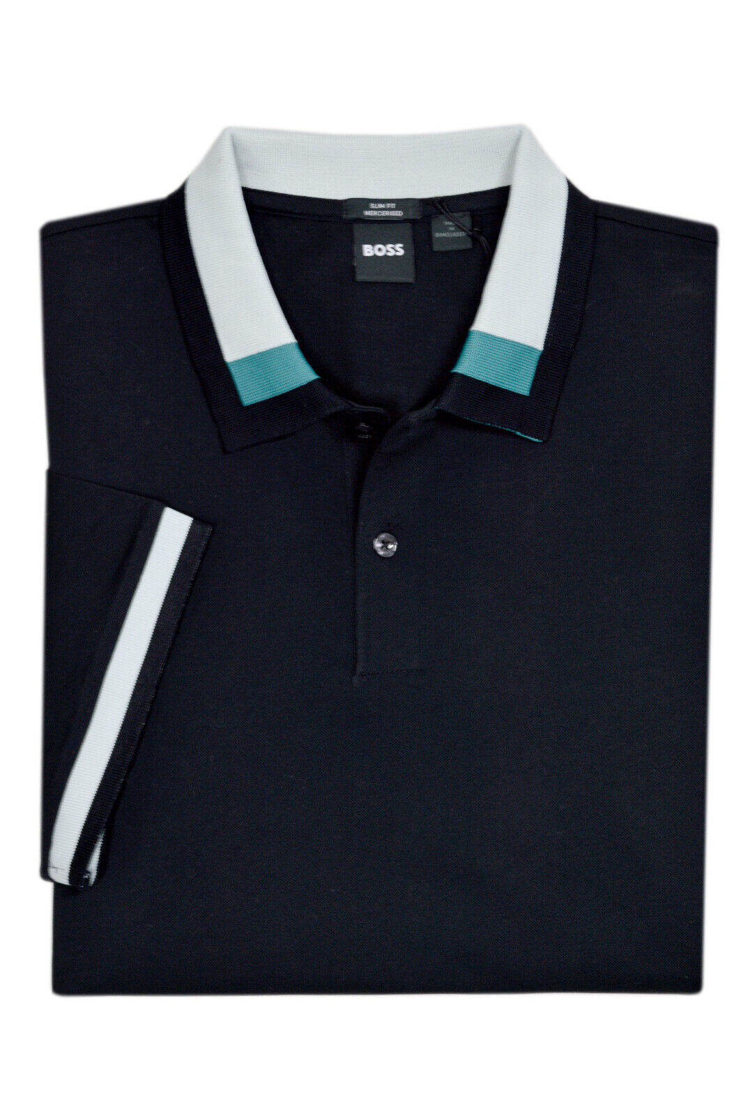 Primary image for Hugo Boss Black Teal Colorblock Collar Slim Fit Polo Shirt, Medium M, HB-080