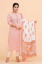 Trendy Womens Pink Flower Print Cotton Stitched kurti pant with dupatta - $49.99