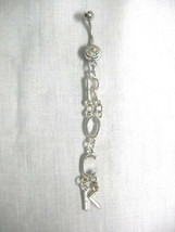 New R O C K Rock Text Letters Long Dangling Rocker Charm 14g Clear Cz Belly Ring - £5.58 GBP
