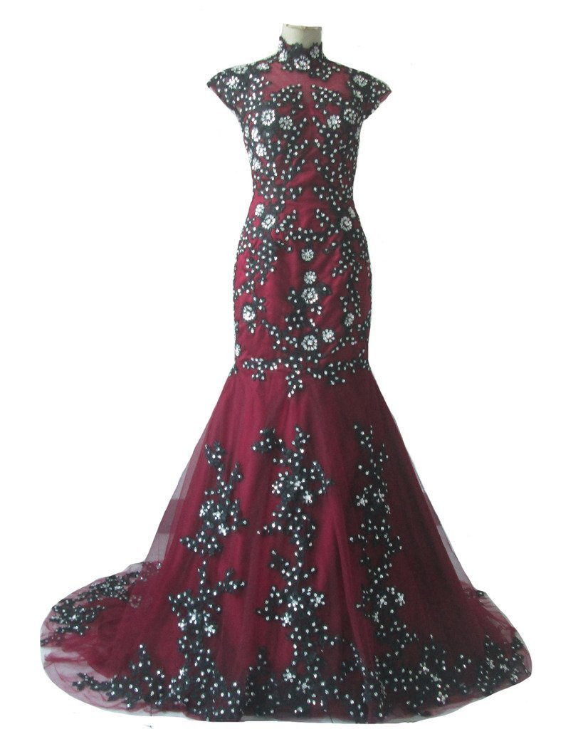 Kivary Vintage High Neck Sheer Mermaid Black Lace Beaded Formal Gothic Prom Even