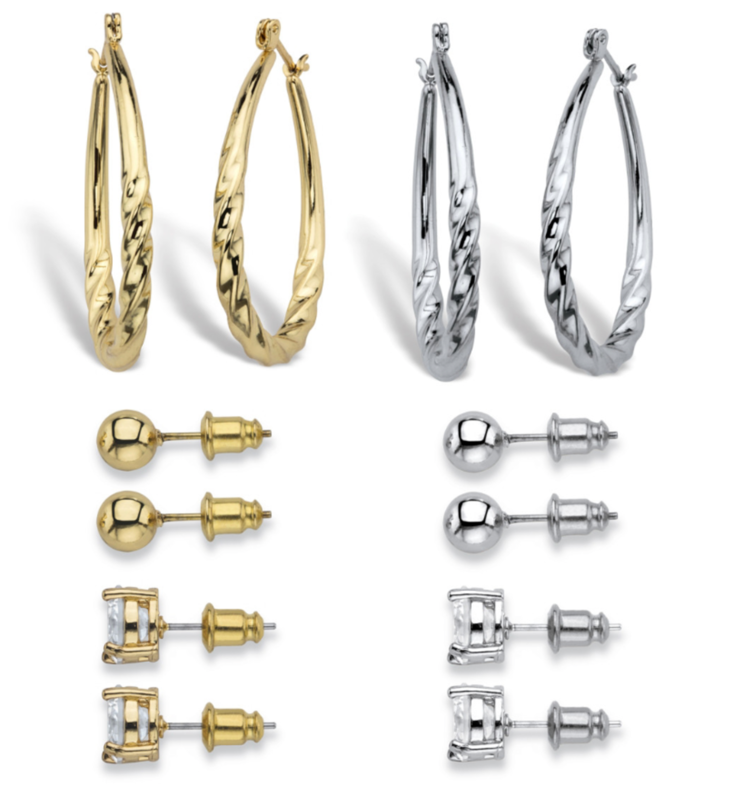 CZ 6 PAIR SET OF STUDS AND TWISTED HOOP EARRINGS GOLD TONE AND SILVER TONE - £79.92 GBP