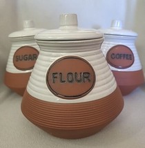 Set 3 Pottery Ceramic Kitchen Canister Set White Glazed Coffee Sugar Flour  - £47.24 GBP