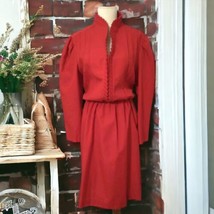 RK Originals Shirt Dress L 10 Red High Neck Long Puff Sleeve Pleats Vintage 70s - £30.53 GBP