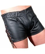 Men&#39;s Leather Shorts Black Cycling Yoga Gym Summer Pants with Laces - £76.33 GBP+