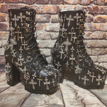 Goth, Emo, Punk Gothic Crosses Black Platform Boots Size 9 - £119.61 GBP
