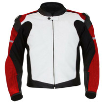 Men Three Tone Black Red White Motorcycle Leather Safety Pads jacket Speed Hump - £133.57 GBP