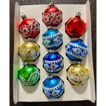 Vintage Glitter Stenciled Set Of 9 Jewel Tone Christmas Ornaments - £15.90 GBP