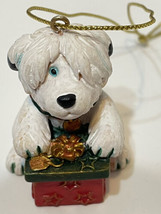 VTG White Shaggy Dog With Christmas Present Ornament Figure 1.75 in Tall - £8.48 GBP