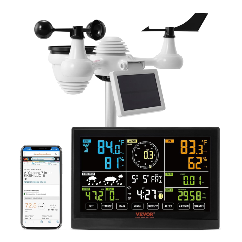 7-In-1, Weather Stations Wifi Indoor Outdoor, 7.5" Color Display for Weather Fo