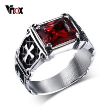 Vnox Punk Cross Ring Casting Prong Setting Red CZ Stone Stainless Steel Christ P - £14.44 GBP