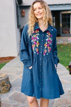 Just Imagine Navy Floral Embroidered Button Down Long Sleeve Dress - £17.30 GBP