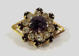 *B) Vintage Gold Tone Clear Purple Amethyst Rhinestone Brooch Pin - $24.74