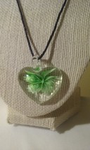 Clear Heart &amp; Green Flower Lampwork Blown Glass Pendant On Black Satin C... - $4.99