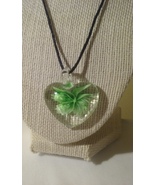 Clear Heart &amp; Green Flower Lampwork Blown Glass Pendant On Black Satin C... - £3.97 GBP