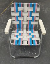 Vintage Webbed Aluminum Folding Lawn Chair Pink &amp; Blue Stripes Patio fur... - £22.78 GBP