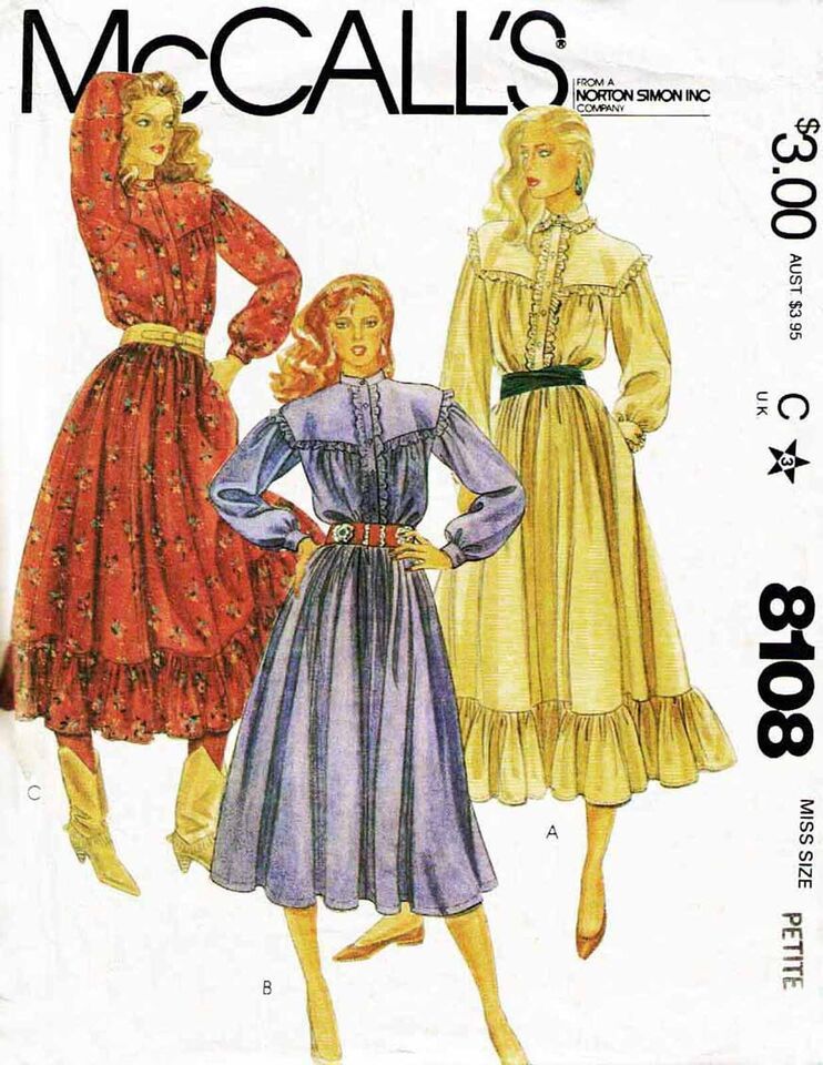 Misses' WESTERN DRESSES Vintage 1982 McCall's Pattern 8108 Petite Sizes 6-8 - $20.00