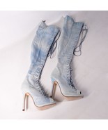 Blue Denim Jean Lace Up High Heel Cowgirl Western Boots Women&#39;s Size 7 - £49.24 GBP