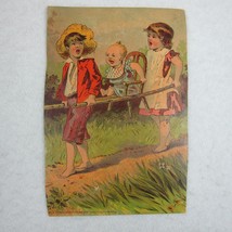 Victorian Trade Card Boy Red Jacket &amp; Hat Girl Pink Dress Carry Baby in Chair - £8.11 GBP