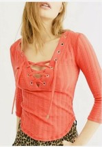 NWT Free People &#39;Ice Cold Lace Up&#39; Grommet Ribbed Top Rose Crimson SZ M  $78 - £15.92 GBP
