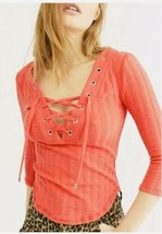 NWT Free People &#39;Ice Cold Lace Up&#39; Grommet Ribbed Top Rose Crimson SZ M  $78 - £15.84 GBP