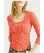 NWT Free People &#39;Ice Cold Lace Up&#39; Grommet Ribbed Top Rose Crimson SZ M ... - €17,06 EUR