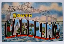 Greetings From South Carolina Long Tall Bridge Large Big Letter Postcard Linen - £13.33 GBP
