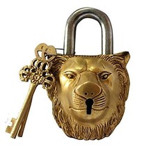 Unique Look Style Lion Face Brass Pad Lock Heavy Weight Lock with Keys - Golden - £31.14 GBP